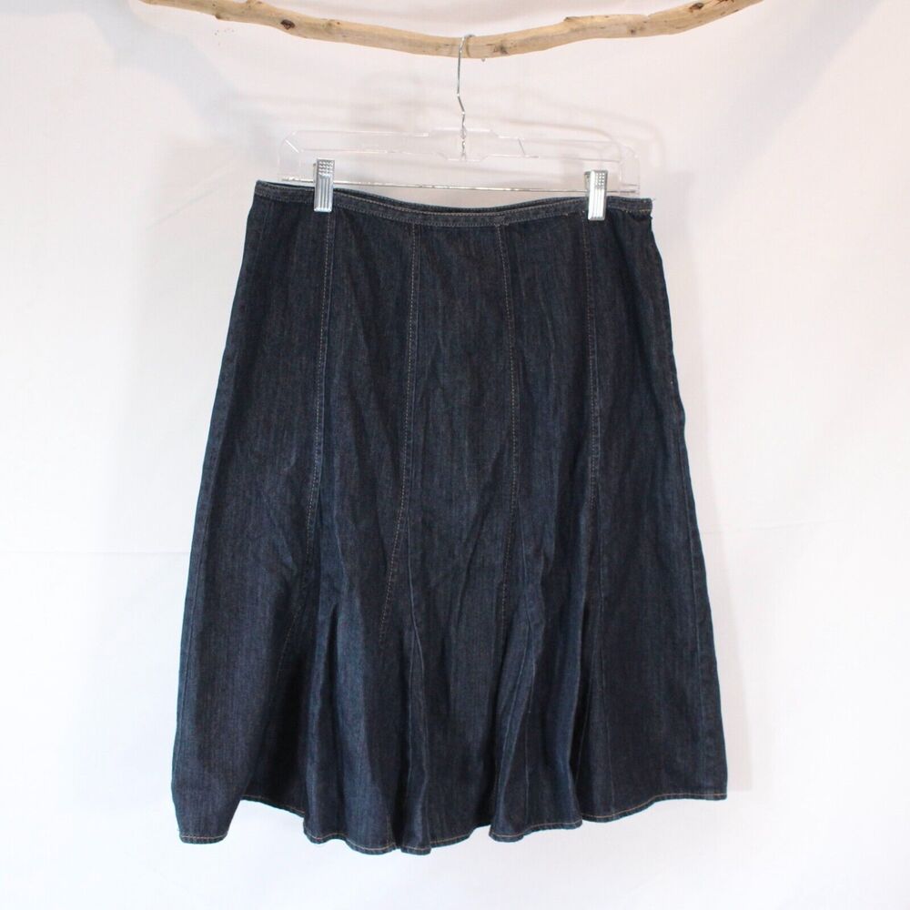Liz Claiborne Modest Midi Blue Jean Skirt Size 10 Paneled Denim Full A-line